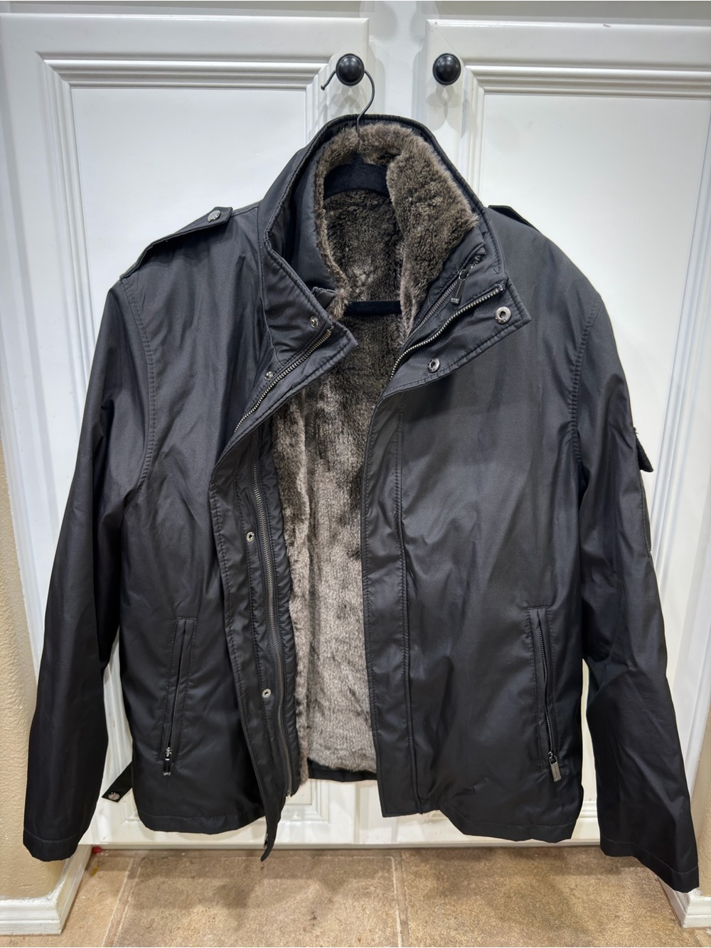 Marc Jacobs Men's Black Military Field Jacket with Gray Faux-Fur Lining
